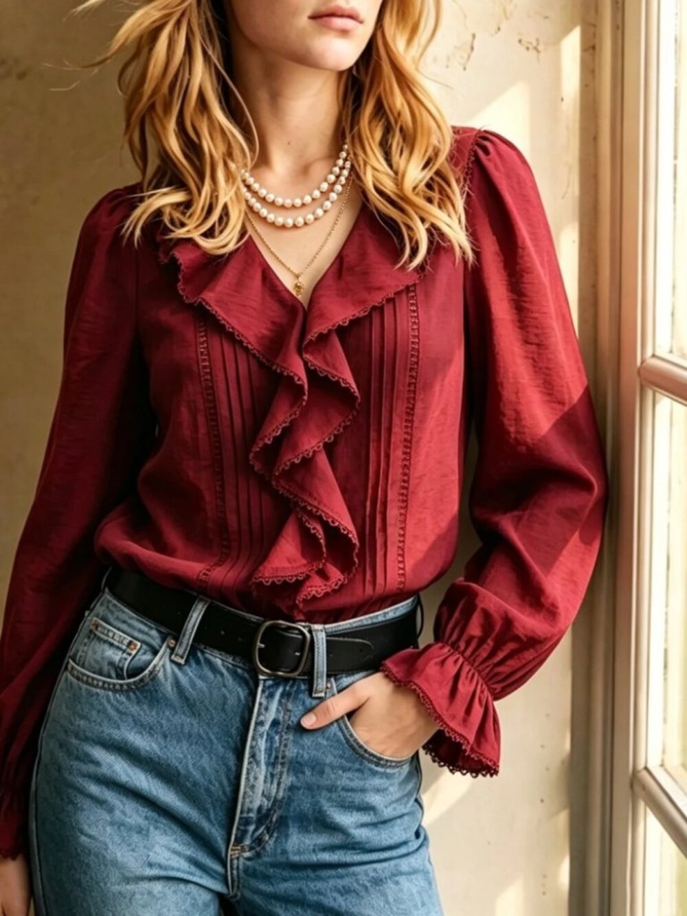 Burgundy Ruffle V Neck Long Sleeve Blouse with Lace Trim Cuffs